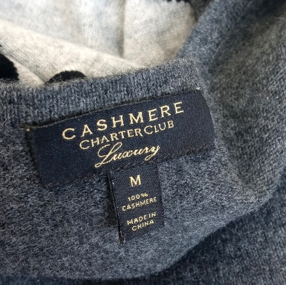 Charter Club Cashmere Royal Blue Heathered Greys Black Abstract Motif Sweater - Picture 2 of 15